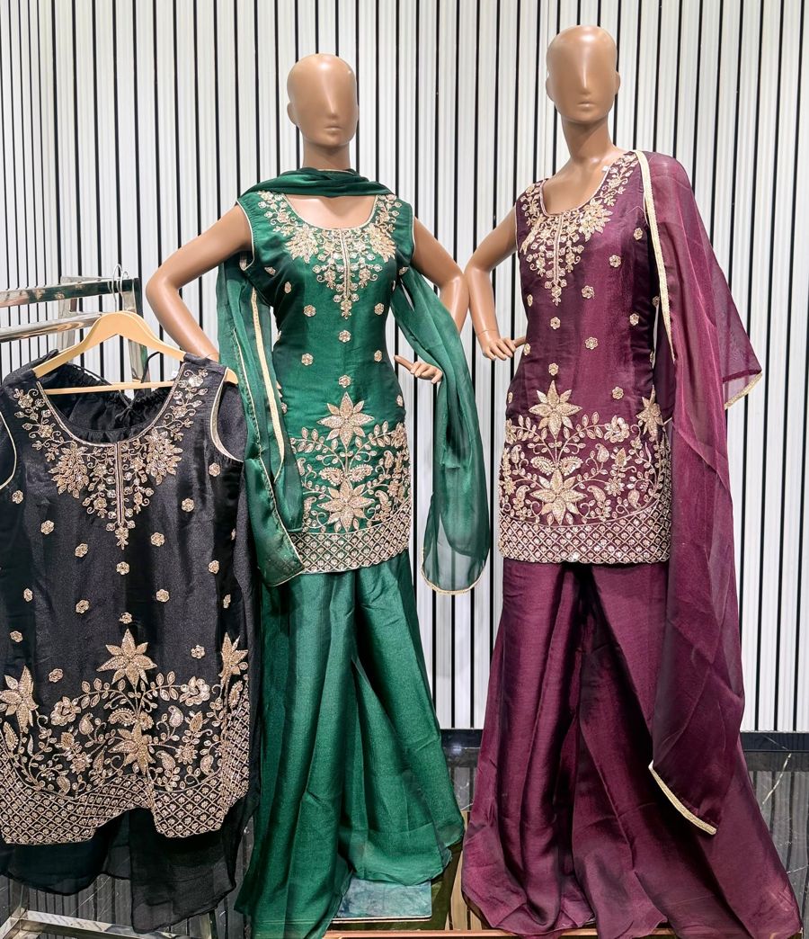 Emerald green and wine sharara sets with large floral gold embroidery