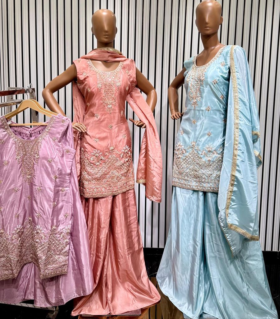 Peach and sky blue sharara sets with pearl embroidery