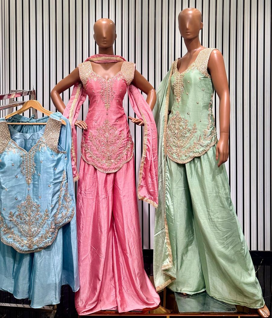 Pink and mint green sweetheart neck plazo sets