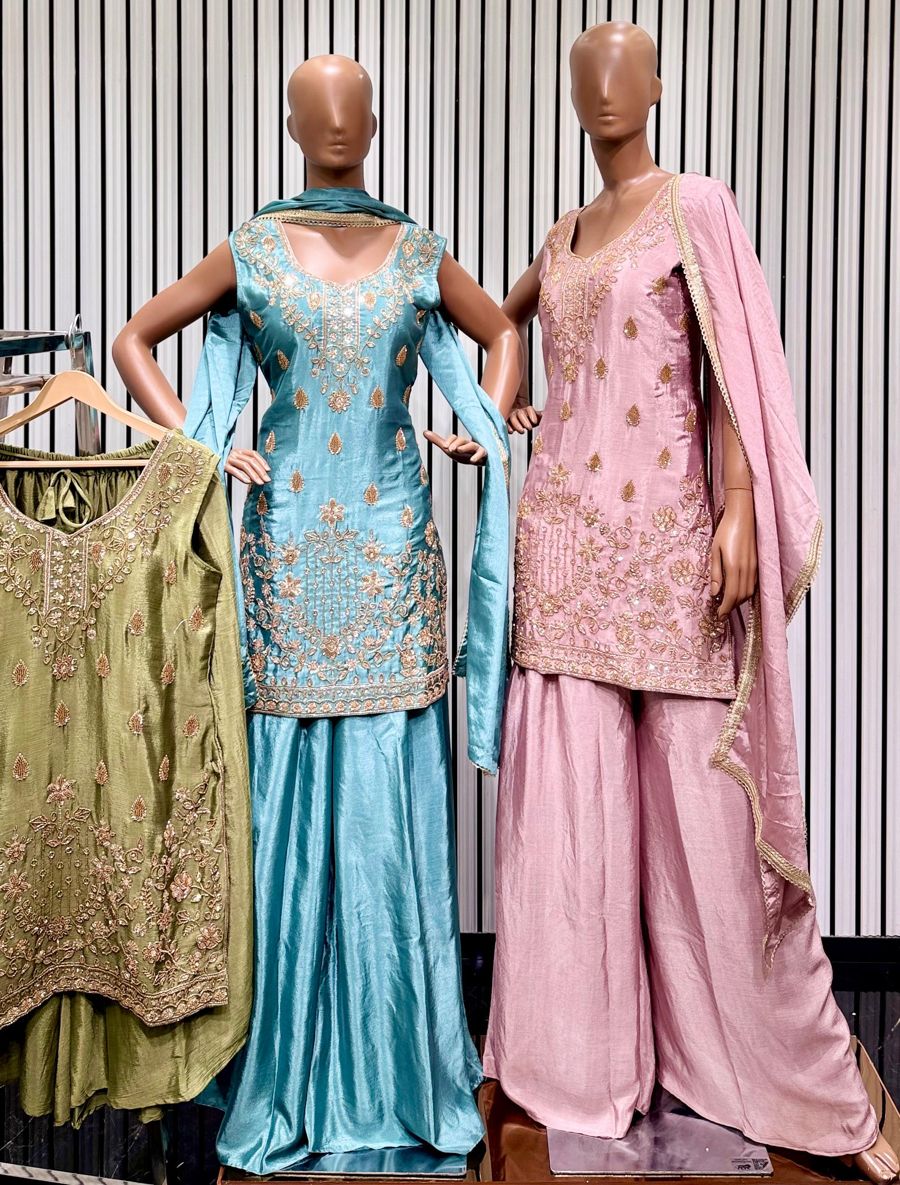 Teal and lilac sharara sets with leaf motifs, olive set on hanger